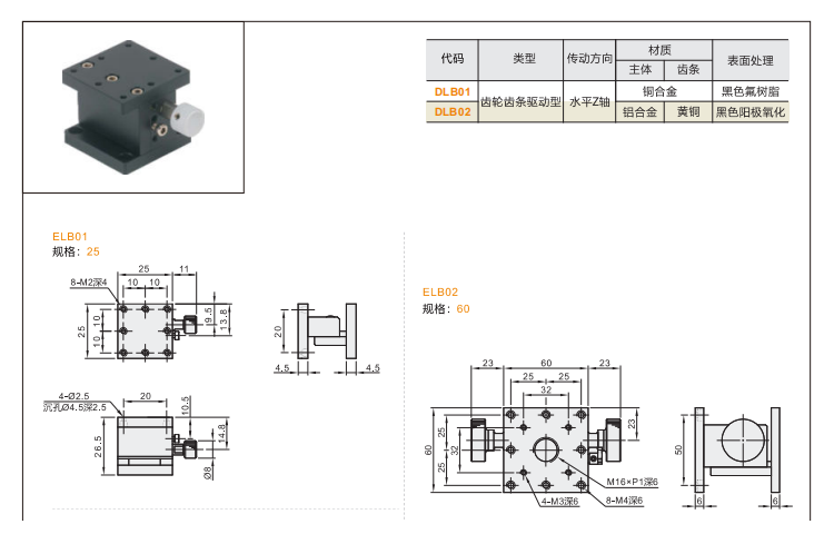 齒輪齒條驅動型DLB01/DLB02手動位移臺(圖3) 齒輪齒條驅動型DLB01/DLB02手動位移臺(圖3)